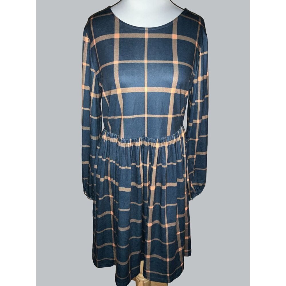 Suzanne Betro Women's Large Fit & Flare Dress Navy Gold Plaid Scoop Back NEW